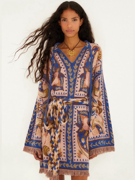 FARM Rio Dresses & Skirts - Farm Rio Blue Sea Garden Scarf Tassels Knit Mini Dress XL